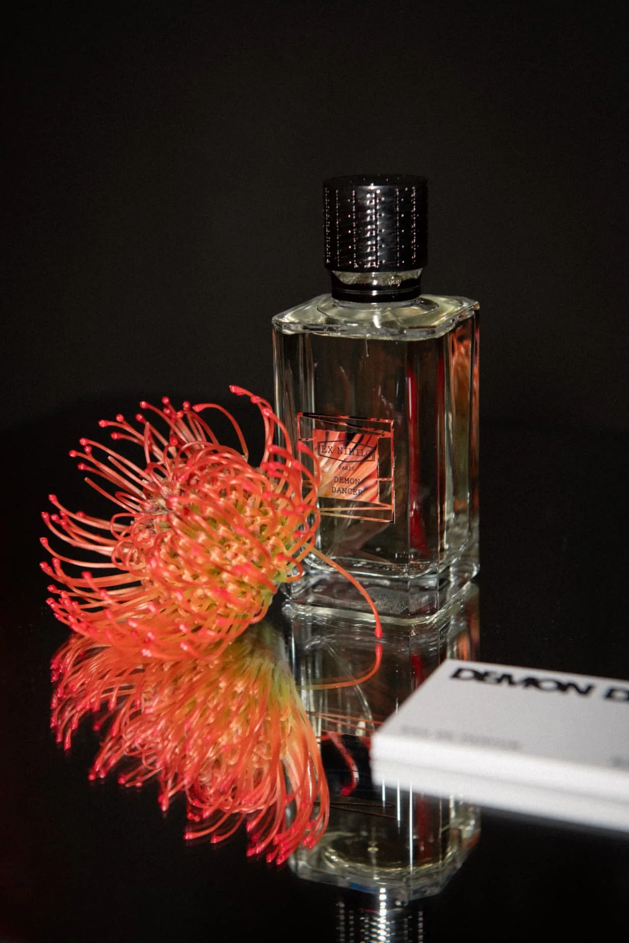 Demon Dancer bottle by EX NIHILO beside a red pincushion flower